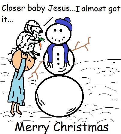 Free Christmas Baby Jesus And His Sheep Building A Snowman Clipart Cartoon Picture Image by Church House Collection. Use for Christmas Sunday School Lessons For Kids.